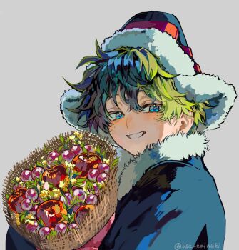 1boy apple berry black_jacket blush boku_no_hero_academia commentary_request food freckles fruit fur-trimmed_collar fur-trimmed_headwear fur_trim green_eyes hat highres holding jacket looking_to_the_side male_focus midoriya_izuku official_alternate_costume sideways_glance smile solo upper_body use_zeinuki white_fur