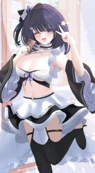 Rule 34 | 1girl, absurdres, azur lane, black footwear, bow, breasts, cellphone, choker, cleavage, curtains, detached sleeves, fishnets, frills, full body, hair bow, hair ornament, highres, large breasts, liverpool (azur lane), looking at viewer, maid, midriff, navel, one eye closed, open mouth, phone, purple eyes, rei tuki, ribbon, short hair, skirt, smartphone, smile, solo, stomach, thigh strap, thighhighs, v, window