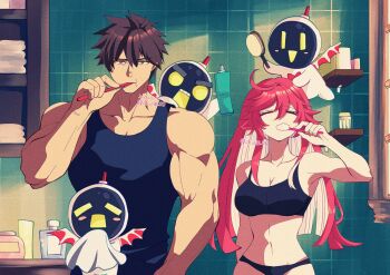 bathroom biceps black_panties black_sports_bra breasts brown_hair brushing_teeth cleavage colored_inner_hair guilty_gear guilty_gear_strive highres holding holding_toothbrush jack-o&#039;_valentine knight_servant lancer_servant magician_servant multicolored_hair muscular muscular_male panties red_eyes red_hair sol_badguy sports_bra tank_top toothbrush toothbrush_in_mouth toothpaste ume_(okum_00) underwear