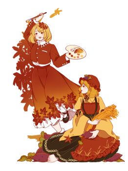 Rule 34 | 2girls, aki minoriko, aki shizuha, apron, autumn leaves, blonde hair, commentary request, dress, full body, hair ornament, hat, highres, holding, holding paint palette, holding paintbrush, leaf, leaf hair ornament, maple leaf, medium hair, mob cap, multiple girls, paint palette, paintbrush, red apron, red dress, red hat, sagasaga, shirt, siblings, sisters, touhou, wheat bundle, white shirt, wide sleeves