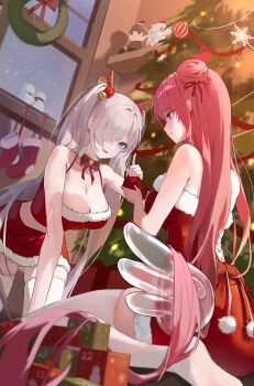2girls absurdres blue_eyes breasts character_doll christmas christmas_present christmas_tree cinderella_(nikke) cleavage commander_(nikke) commentary crop_top doga_gyul doll doro_(nikke) dorothy_(nikke) dress gift goddess_of_victory:_nikke hair_bun highres indoors large_breasts leaning_forward long_hair multiple_girls pink_hair purple_eyes red_skirt red_socks santa_costume santa_dress single_side_bun skirt smile socks thighhighs twintails very_long_hair white_hair white_thighhighs zettai_ryouiki