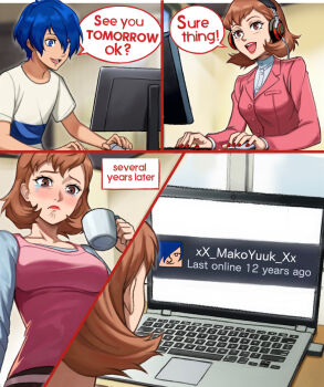 1boy 1girl blue_hair brown_hair computer crying crying_with_eyes_open cup dress_suit highres holding holding_cup laptop mature_female meme neggoartz persona persona_3 persona_3_reload sad tablet_pc teacher_and_student tears toriumi_isako yuuki_makoto_(persona_3)