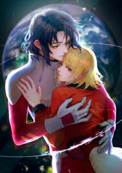 1boy 1girl athrun_zala blonde_hair blue_hair brown_eyes cagalli_yula_athha commentary_request couple gloves green_hair gundam gundam_seed hair_between_eyes hetero highres hug inhouhou light_smile military_uniform parted_bangs planet signature white_gloves