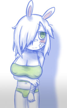 Rule 34 | 1futa, bags under eyes, bandaged arm, bandages, bandaid, bandaid on face, bandaid on nose, bare shoulders, breasts, bulge, cleavage, closed mouth, covered erect nipples, futanari, gauze, gauze on cheek, green eyes, green panties, green shirt, hair over one eye, hand on own arm, huge breasts, large breasts, looking to the side, medium hair, mentha (menthalovely), midriff, mint (menthalovely), navel, original, panties, rabbit ears, shadow, shirt, solo, underwear, wavy mouth, white hair