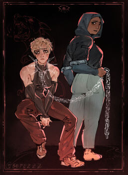 2girls alice_tonner basira_hussain blonde_hair breasts chain chain_leash collar commentary dark-skinned_female dark_skin design_speculation english_commentary freckles highres hijab holding holding_leash leash lips long_sleeves multiple_girls sepezzz shirt shoes short_hair sitting spiked_collar spikes the_magnus_archives tomboy yuri