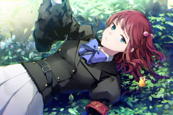 1girl anri_mike armband blue_eyes bow flower hair_bobbles hair_ornament highres jacket leaf long_hair looking_at_viewer plant red_hair rose skirt solo umineko_no_naku_koro_ni ushiromiya_ange