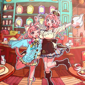 2girls :3 :d ahoge animal_ears blue_sweater boots braid braided_hair_rings brown_boots cafe cat_ears cat_girl cat_tail hair_rings hat holding holding_teapot kemono_teatime leg_up looking_at_viewer macaron_(kemono_teatime) mamesuzu mini_hat multiple_girls official_art one_eye_closed open_mouth outline pink_hair red_eyes second-party_source siblings sisters smile sweater tail tarte_(kemono_teatime) teapot twin_braids v white_outline