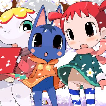 3girls agemono ai_(animal_crossing) aliasing animal_crossing blue_hair blush cat cleft_of_venus convenient_censoring elephant female_focus green_eyes loli lowres margie_(animal_crossing) multiple_girls navel nintendo no_panties nude_filter oekaki panties pussy red_hair rosie_(animal_crossing) scarf snow snowing third-party_edit uncensored underwear wind wind_lift