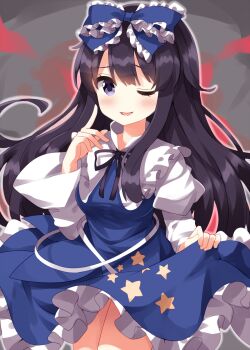 Rule 34 | 1girl, ;d, black hair, black ribbon, blue dress, blue ribbon, blush, collared shirt, commentary request, cosplay, cowboy shot, dress, frilled dress, frilled ribbon, frilled shirt collar, frills, hair ribbon, hand up, highres, index finger raised, long hair, long sleeves, looking at viewer, neck ribbon, one eye closed, open mouth, purple eyes, ribbon, ruu (tksymkw), shirt, smile, solo, star sapphire, star sapphire (cosplay), touhou, white shirt, yomotsu hisami