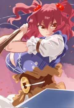 1girl breasts brown_sash coin coin_on_string dress hair_bobbles hair_ornament hat highres holding holding_scythe jusnjuans large_breasts looking_at_viewer obidome onozuka_komachi red_eyes red_hair rod_of_remorse scythe short_hair short_sleeves skirt smile solo touhou two_side_up