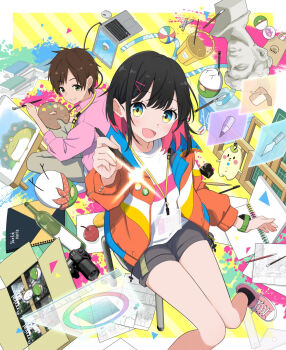 1boy 1girl abstract_background black_hair blue_eyes blush brown_hair camera chair green_eyes highres jacket looking_at_viewer mascot medium_hair multicolored_hair open_mouth original pink_hair sakeharasu shoes short_hair shorts sitting smile sneakers stylus
