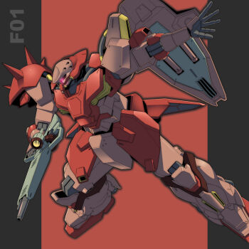 Rule 34 | beam rifle, cable, character name, commentary, energy gun, glowing, glowing eye, gundam, gundam: hathaway's flash, highres, holding, holding weapon, js 71535, mecha, mecha focus, messer (mobile suit), mobile suit, no humans, one-eyed, purple eyes, robot, science fiction, scope, shield, shoulder spikes, solo, spikes, weapon