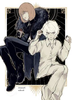 2boys absurdres belt_buckle black_background black_boots black_coat black_gloves black_pants black_vest blonde_hair bob_cut boots border buckle candy chocolate chocolate_bar chopsticks closed_mouth coat collared_shirt commentary_request dated death_note doll feet_out_of_frame floating food full_body fur-trimmed_coat fur_trim gloves grey_eyes hair_between_eyes halo highres holding holding_chopsticks holding_doll male_focus mello_(death_note) midriff_peek multiple_boys near_(death_note) no_eyebrows noko_(noko1280) pants parted_lips shirt short_hair twitter_username vest white_border white_hair white_pants white_shirt