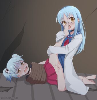 2girls barefoot bdsm black_choker black_shirt blue_hair blue_sailor_collar blue_shirt blue_skirt blush bondage bound brown_eyes choker cleft_of_venus coat collarbone commentary ear_piercing earrings english_commentary fanbox_username flat_chest full_body glasses hair_ornament highres incest izutsumi_marin izutsumi_minato jewelry kneeling lab_coat licking licking_foot loli long_hair long_sleeves lying miniskirt multiple_girls neckerchief ninja_to_koroshiya_no_futarigurashi no_panties nose_blush on_back open_mouth oversized_clothes pestil piercing pink_skirt pleated_skirt pussy red_neckerchief restrained ringed_eyes rope sailor_collar sailor_shirt shaded_face sharp_teeth shirt short_hair siblings sisters skirt skull_hair_ornament sleeves_past_fingers sleeves_past_wrists soles teeth toes tongue tongue_out tribadism twintails uncensored upper_teeth_only v-shaped_eyebrows watermark web_address white_coat yuri