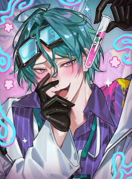 Rule 34 | 1boy, absurdres, aqua hair, black gloves, blue-tinted eyewear, blush, elias delborne, eyewear on head, first stage production, gloves, hand on own face, highres, holding, holding test tube, joey ruvoa, lab coat, lanyard, long sleeves, male focus, open mouth, paint splatter, pink eyes, purple shirt, shirt, short hair, smile, solo, test tube, tinted eyewear, virtual youtuber