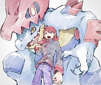 1boy animal_helmet brooch claws cowboy_shot cowlick feraligatr gen_2_pokemon glowing_gem hand_on_own_chest hand_up highres jacket jewelry looking_at_viewer male_focus medium_hair mega_feraligatr mega_pokemon mega_stone nintendo open_mouth pants pokemon pokemon_(creature) pokemon_focus pokemon_hgss purple_eyes purple_pants red_hair sharp_teeth silver_(pokemon) tan_carbonnn teeth turtleneck turtleneck_jacket v-shaped_eyebrows