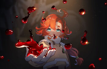 Rule 34 | 1girl, ahoge, aqua eyes, beckoning, blood, blood drop, blood on hands, blurry, blurry background, brown background, chinese commentary, commentary, covered mouth, english commentary, expressionless, floating hair, glint, gloves, gundam, gundam aerial, gundam aerial slap (meme), gundam suisei no majo, hair ornament, hair tubes, hairband, long hair, long sleeves, looking at viewer, low-tied long hair, mecha, meme, mixed-language commentary, natural wind, orange hair, outstretched arm, pilot suit, reaching, reaching towards viewer, red hair, robot, solo, suletta mercury, upper body, white gloves