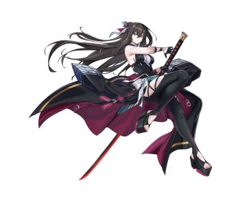 1girl :/ alpha_transparency black_bodysuit black_gloves blue_eyes bodysuit braid breasts brown_hair clothes_down clothing_cutout commentary counter:side crown_braid english_commentary floating_clothes floating_hair full_body gloves hair_between_eyes half_gloves half_updo halterneck holding holding_sword holding_weapon korean_clothes leg_up long_hair looking_at_viewer medium_breasts official_art platform_heels reverse_grip sash sideboob simple_background solo stirrup_legwear sword tachi-e tassel thigh_cutout toeless_legwear transparent_background weapon yeonhwa_(counter:side)