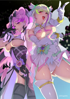 2girls :d black_bra black_gloves black_panties black_thighhighs bow bra bracelet breasts breasts_out cameltoe commentary_request content_rating cover cover_page covered_erect_nipples cure_kiss cure_zukyuun earrings elbow_gloves fortissimo gloves green_hair hair_bow hair_ornament hair_ribbon hand_on_own_thigh heart_pasties highres jewelry kimi_to_idol_precure lips meroron_(precure) micro_bra multicolored_hair multiple_girls musical_note musical_note_hair_ornament open_mouth panties pasties pink_hair plaid_bow plaid_clothes precure purirun_(precure) purple_eyes red_eyes ribbon single_thighhigh smile string_bra string_panties sugarbeat teeth thighhighs two-tone_hair underbust underwear upper_teeth_only white_gloves white_panties white_thighhighs