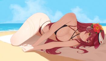 1girl beach bikini blush breasts cloud day dial_kasper heterochromia hololive hololive_fantasy holonatsu_paradise houshou_marine houshou_marine_(summer) large_breasts long_hair looking_at_viewer no_eyepatch ocean official_alternate_costume official_alternate_hair_length official_alternate_hairstyle red_eyes red_hair sand sky smile solo swimsuit thighhighs virtual_youtuber yellow_eyes