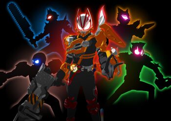 2girls 3boys beat_axe bird black_background boost_buckle cat chainsaw commentary_request rider_belt dual_wielding everyone fox gigant_blaster gigant_blaster_buckle gigant_hammer_buckle gigant_sword_buckle glowing glowing_eyes guitar hammer hand_gesture hazard_stripes highres holding holding_instrument holding_sword holding_weapon instrument kamen_rider kamen_rider_geats kamen_rider_geats_(series) kamen_rider_lopo kamen_rider_na-go kamen_rider_nudge_sparrow kamen_rider_tycoon multiple_boys multiple_girls ninja_dueler otokamu outline pink_eyes powered_builder_boost powered_builder_buckle red_eyes rider_belt silhouette sparrow sword tanuki tokusatsu weapon wolf zombie_breaker