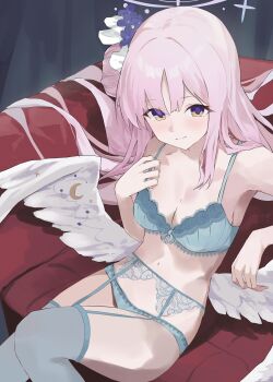 1girl absurdres angel_wings blue_archive blue_bra blue_panties blue_thighhighs blush bra breasts cleavage closed_mouth couch evening_rabbit feathered_wings flower garter_belt hair_bun hair_flower hair_flowing_over hair_ornament halo highres lace lace-trimmed_bra lace_trim lingerie long_hair looking_at_viewer low_wings medium_breasts mika_(blue_archive) navel panties pink_hair pink_halo single_side_bun sitting smile solo thighhighs underwear underwear_only white_wings wings yellow_eyes