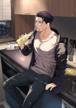 Rule 34 | 1boy, adam's apple, alcohol, black eyes, black hair, black pants, bottle, cigarette, collarbone, contemporary, cupboard, facial hair, feet out of frame, goatee stubble, golden kamuy, grey shirt, highres, holding, holding bottle, looking ahead, male focus, ogata hyakunosuke, open mouth, oven, pants, parted lips, salt, scar, scar on face, shirt, short hair, sideburns, sitting, smoking, solo, stubble, tv dinner, washiko (rasuko), window, window blinds