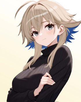 1girl ahoge arknights arm_up black_sweater blue_hair blush breasts brown_hair character_request closed_mouth commentary_request grey_hair hair_between_eyes highres long_sleeves mayer_(arknights) medium_breasts multicolored_hair puffy_long_sleeves puffy_sleeves ribbed_sweater smile solo sweater turbidpeachzz turtleneck turtleneck_sweater two-tone_hair upper_body