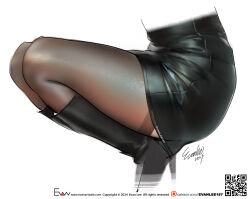 Rule 34 | 1girl, artist name, black footwear, black skirt, black thighhighs, boots, commentary, dated, english commentary, evan lee, high heel boots, high heels, highres, leather skirt, lower body, original, pencil skirt, signature, simple background, skirt, solo, squatting, thigh focus, thighhighs, thighs, white background