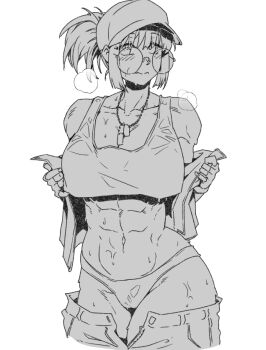 1girl abs bare_shoulders baseball_cap blush breasts closed_mouth commentary cropped_shirt dog_tags english_commentary fio_germi glasses greyscale hat large_breasts looking_at_viewer medium_hair metal_slug minew monochrome navel off_shoulder panties ponytail round_eyewear sidelocks solo sweat tank_top thighs toned underwear undressing
