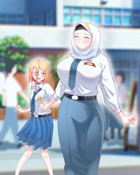 Rule 34 | 2girls, alv4febrian, ayuu (alv4febrian), blonde hair, blue necktie, blue skirt, blurry, blurry background, breasts, collared shirt, day, depth of field, highres, hijab, indonesian high school uniform, large breasts, multiple girls, necktie, onie (alv4febrian), original, outdoors, pleated skirt, school, school uniform, shirt, skirt, white hijab, white shirt