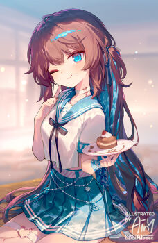Rule 34 | 1girl, ahoge, ainy, anchor, bare arms, belt, blue eyes, blue hair, blue skirt, bow, bowtie, breasts, brown hair, cake, chalkboard, choker, clam, classroom, colored inner hair, commentary request, desk, dress, finger to own chin, food, heart, heart-shaped pupils, highres, holding, holding cake, holding food, holding plate, indoors, jewelry, long hair, looking at viewer, medium breasts, multicolored hair, necklace, on desk, one eye closed, original, parted lips, pearl clan outfit, pink belt, plate, ribbon, ribbon-trimmed bowtie, sailor dress, school desk, school uniform, scrunchie, serafuku, ship's wheel, shirt, sitting, skirt, smile, solo, strapless, strapless dress, striped belt, symbol-shaped pupils, two-tone hair, watermark, white choker, white shirt, window, wrist scrunchie