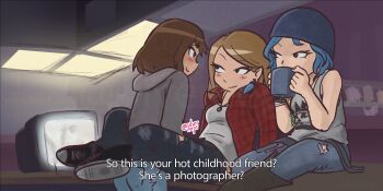 3girls arm_tattoo bare_shoulders beanie black_eyes black_footwear blue_hair blush bracelet brown_hair chloe_price cup denim drinking earrings feather_earrings feathers grey_hoodie hat highres hood hoodie jacket jeans jewelry leg_lock life_is_strange_(series) life_is_strange_1 long_hair max_caulfield medium_hair mug multiple_girls necklace pants parody plaid_clothes plaid_jacket rachel_amber red_jacket scott_pilgrim_(series) scott_pilgrim_takes_off silvereeps skull_print smile speech_bubble style_parody tank_top tattoo television torn_clothes torn_jeans torn_pants twitter_username white_tank_top yuri