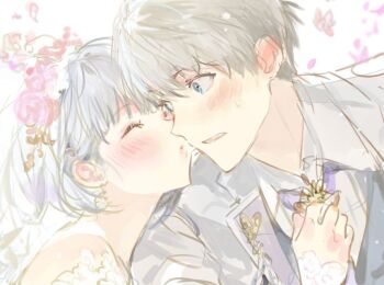 1boy 1girl blue_eyes blue_necktie blush bridal_veil closed_eyes collared_shirt couple earrings grey_hair grey_jacket hair_between_eyes hand_on_another&#039;s_chest head_wreath hetero jacket jewelry kiss kissing_cheek love_and_deepspace necktie parted_lips protagonist_(love_and_deepspace) puckered_lips shirt short_hair sketch staxxylove sweatdrop upper_body veil white_sleeves xavier_(love_and_deepspace)