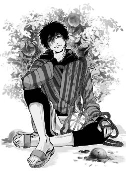 Rule 34 | 1boy, 33motokan, dekin no mogura, elbow on knee, hood, hoodie, japanese clothes, kimono, lantern, male focus, mogura momoyuki, monochrome, sandals, short hair, sitting, solo, striped clothes, striped kimono, white background