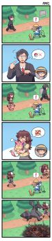 ! 2boys 2girls 6koma absurdres ayyk92 bag black_hair blue_eyes brown_hair bug_catcher_(pokemon) business_suit butterfly_net comic electricity formal_clothes gen_1_pokemon gen_3_pokemon gen_5_pokemon glasses grass hand_net high_ponytail highres hilda_(pokemon) holding holding_butterfly_net lass_(pokemon) lass_(pokemon_bw) legendary_pokemon long_hair long_image messenger_bag metapod multiple_boys multiple_girls net nintendo npc_trainer office_worker_(pokemon) open_mouth path poke_ball pokemon pokemon_(creature) pokemon_bw ponytail road sandals short_hair shorts shoulder_bag skitty speech_bubble suit sweat tall_image tank_top tree weedle zekrom