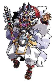Rule 34 | 1boy, animal ears, ankle boots, armor, black armor, black boots, black horns, boots, claw pose, earrings, fangs, fox boy, fox ears, fox tail, gold armor, gold trim, grey hair, hair between eyes, hair ornament, harakawa mitsuhiro, holding, holding sword, holding weapon, horns, japanese clothes, jewelry, kimono, kitsune, kyuubi, looking at viewer, mark under eye, multicolored armor, multicolored boots, multiple tails, official art, open mouth, pointy ears, red boots, red eyes, sai (shinrabanshou), shinrabanshou, solo, sword, tail, teeth, thick eyebrows, third-party source, transparent background, upper teeth only, weapon, white armor, white kimono