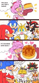 4koma amy_rose anger_vein apron blush celebration chaos_emerald child comic cooking cream_the_rabbit dress food gloves highres knuckles_the_echidna pancake sega shadow_the_hedgehog smile sonic_(series) sonic_the_hedgehog tails_(sonic) yotsumeddd