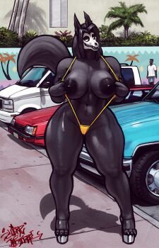 1girl artist_name bare_shoulders bikini black_hair black_nipples black_sclera blouse breasts building cameltoe car colored_nipples colored_sclera covered_erect_nipples curvy dark_skin female_focus full_body furry furry_female high_heels highres large_breasts micro_bikini motor_vehicle naughty_face navel nipples palm_tree palm_tree_print presenting scp-1471 scp_foundation self_exposure shadow shiny_skin shirt shorts skull sligarthetiger standing string_bikini swimsuit thick_thighs thighs tree walking wall wheel white_eyes white_shirt wide_hips wolf_girl yellow_bikini