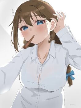 1girl absurdres amano_lier blue_bow blue_eyes blush bow bra_visible_through_clothes braid breasts brown_hair button_gap commentary food food_in_mouth hair_bow highres incoming_pocky_kiss large_breasts long_hair long_sleeves looking_at_viewer love_live! love_live!_nijigasaki_high_school_idol_club low_twin_braids mouth_hold osaka_shizuku pocky pocky_in_mouth shirt sidelocks smile solo tokimeki_no_mirai_chizu twin_braids upper_body white_shirt