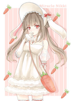 1girl animal_costume animal_ear_headwear animal_ears bag bare_shoulders blunt_bangs bonnet border bow bow_legwear brown_hair carrot_bag clothing_cutout copyright_name cowboy_shot dress expressionless eyelashes fake_animal_ears fluffy_lop_(miracle_nikki) frilled_headwear frilled_sleeves frilled_thighhighs frills fur-trimmed_dress fur_scarf fur_trim fur_wrist_cuffs hand_on_own_chin hat hat_bow lalazyt long_hair looking_at_viewer lop_rabbit_ears miracle_nikki nikki_(series) orange_bag orange_eyes outside_border parted_lips pink_background pleated_dress pom_pom_(clothes) puffy_short_sleeves puffy_sleeves rabbit_costume rabbit_ears red_bow scarf see-through_clothes see-through_sleeves short_dress short_sleeves shoulder_bag shoulder_cutout solo standing striped_background striped_bow thighhighs vertical-striped_background very_long_hair white_bonnet white_border white_dress white_scarf white_wrist_cuffs wrist_cuffs