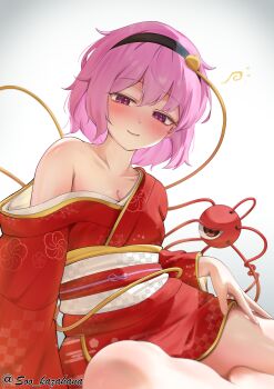 1girl absurdres alternate_costume asa_no_ha_(pattern) black_hairband blush breasts cleavage closed_mouth collarbone commentary_request drunk egasumi eyeball floral_print furisode hair_ornament hairband heart heart_hair_ornament highres japanese_clothes kimono komeiji_satori looking_at_viewer obi obiage obijime pink_eyes pink_hair print_kimono red_kimono sash single_bare_shoulder single_off_shoulder small_breasts smile solo soo_kazahana third_eye touhou twitter_username