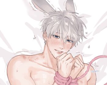 1boy 4aftrnoon animal_ears bed_sheet bite_mark bite_mark_on_neck blue_eyes blush bound bound_wrists collarbone commentary drooling english_commentary grey_hair hair_between_eyes highres kemonomimi_mode looking_at_viewer love_and_deepspace male_focus mouth_drool own_hands_together parted_lips rabbit_boy rabbit_ears restrained saliva short_hair solo sparkle sweatdrop tears topless_male trembling twintails upper_body xavier_(love_and_deepspace)