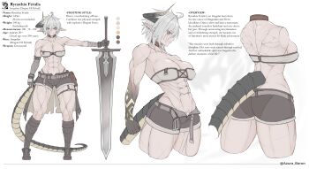 1girl abs absurdres ahoge azura_anblue belt black_skin breasts colored_skin dragon_girl dragon_horns dragon_tail elbow_gloves english_text female_pubic_hair gloves grey_hair highres horns large_breasts multicolored_skin muscular muscular_female navel original planted planted_sword pointy_ears pubic_hair pubic_hair_peek reference_sheet revealing_clothes scar short_hair shorts single_elbow_glove single_horn solo sword tail very_short_hair weapon wide_hips