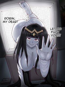 1girl absurdres ass black_hair breasts caprednahu crossover english_text fire_emblem fire_emblem_awakening ghost ghost_girl heart heart-shaped_pupils highres large_breasts nintendo nipples pale_skin reaching reaching_towards_viewer symbol-shaped_pupils television tharja_(fire_emblem) the_ring yamamura_sadako