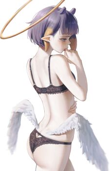 Rule 34 | 1girl, absurdres, ass, back, black bra, black panties, blue eyes, bra, butt crack, commentary, feathered wings, from behind, gradient hair, halo, hand in mouth, highres, hololive, hololive english, lace, lace bra, lace panties, lingerie, low wings, median furrow, multicolored hair, ninomae ina'nis, orange hair, panties, pointy ears, purple hair, samukzz, short hair, sidelocks, simple background, solo, tentacle hair, underwear, underwear only, virtual youtuber, white background, white wings, wings
