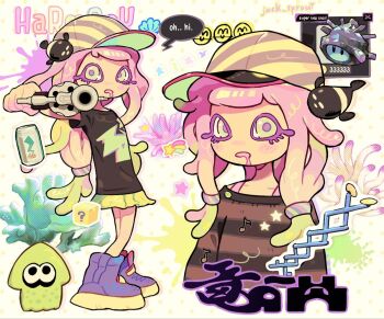Rule 34 | 1girl, artist name, baseball cap, character name, commentary, english commentary, harmony (splatoon), hat, holding, jack sprout, nintendo, paint splatter, pink hair, print shirt, sea anemone, shirt, shoes, signature, sneakers, splatoon (series), splatoon 3, squid girl, white background