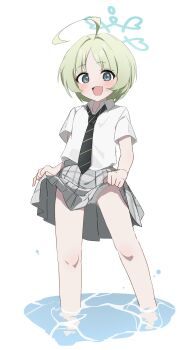 Rule 34 | 1girl, :d, absurdres, ahoge, aqua halo, black necktie, blue archive, blue eyes, blue halo, blush, clothes lift, collared shirt, commentary request, green eyes, green hair, grey skirt, halo, highres, huge ahoge, lifting own clothes, looking at viewer, luke (dydansgur), necktie, open mouth, panties, plaid clothes, plaid skirt, pleated skirt, ritsu (blue archive), school uniform, shirt, short hair, short sleeves, simple background, skirt, skirt lift, smile, solo, standing, striped clothes, striped necktie, underwear, wading, water, white background, white panties, white shirt