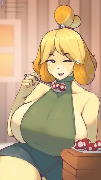 1girl absurdres alternate_breast_size_(larger) animal_crossing animal_ears animal_nose bare_arms black_eyes blonde_hair blurry blurry_background body_fur breasts bright_pupils commentary cowboy_shot dog_ears dog_girl dress ferdinandusdart furry furry_female green_dress highres holding holding_spoon huge_breasts isabelle_(animal_crossing) looking_at_viewer mushroom nintendo one_eye_closed open_mouth parted_bangs short_hair sleeveless sleeveless_dress sleeveless_turtleneck smile solo spoon topknot turtleneck turtleneck_dress white_pupils yellow_fur