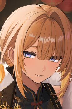 Rule 34 | 1girl, alternate costume, blonde hair, blurry, blurry background, commentary request, evelyn chevalier, gaitoou, hair between eyes, hair intakes, highres, lantern, mandarin collar, mole, mole under eye, paper lantern, parted lips, portrait, purple eyes, solo, zenless zone zero